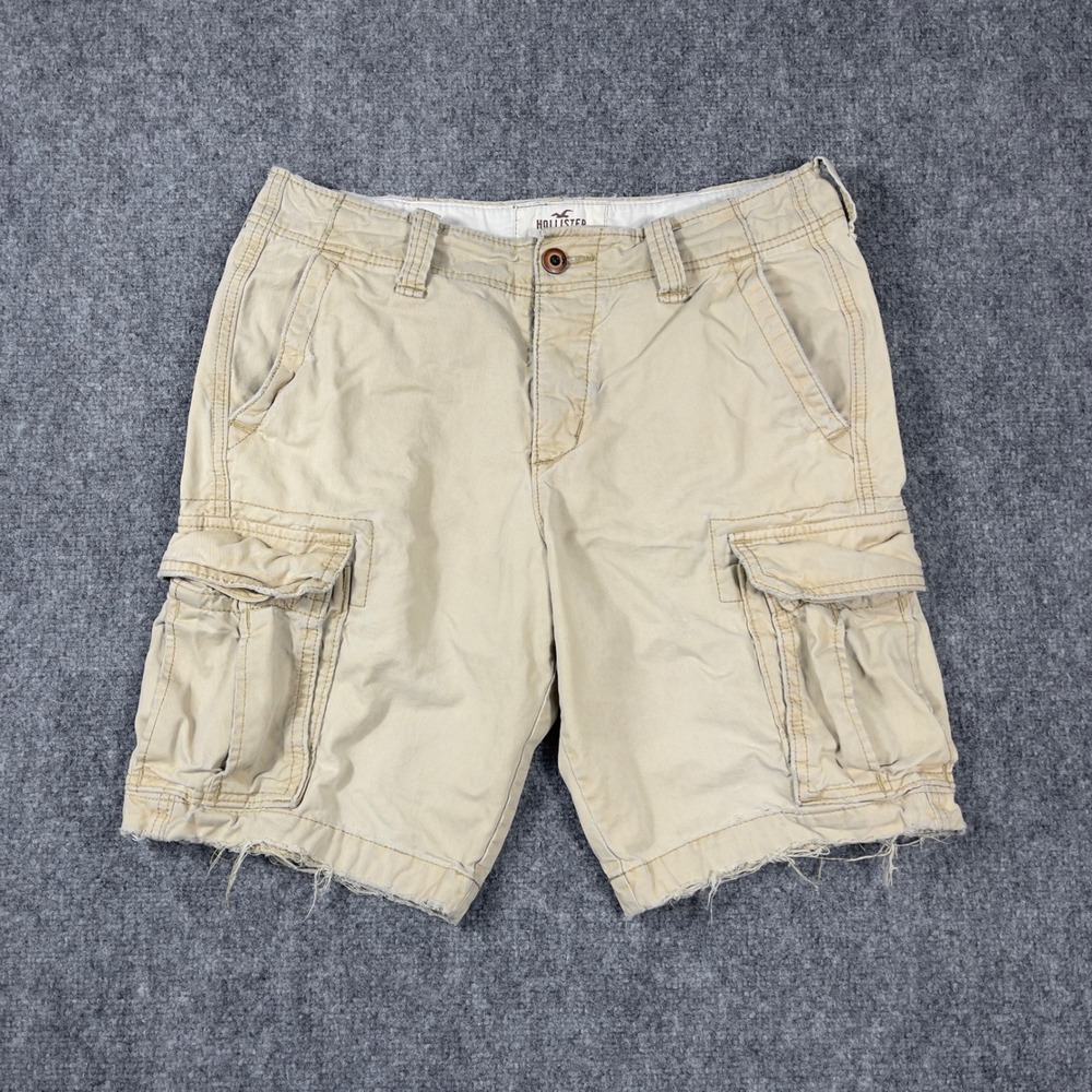 Y2K Hollister Cargo Shorts Mens 31 Tan Khaki Frayed Hem Utility Pockets